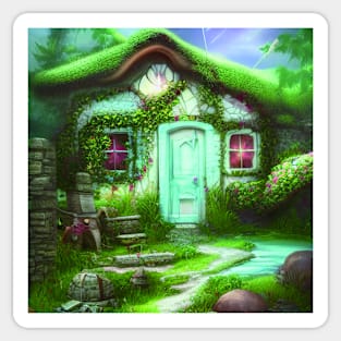 Fantasy House In a Greenery Scene, Fantasy Cottagecore artwork Sticker